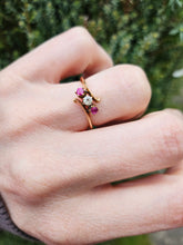 Load image into Gallery viewer, 1442: Vintage; 18ct Gold Ruby Diamonds Three Stone Ring

