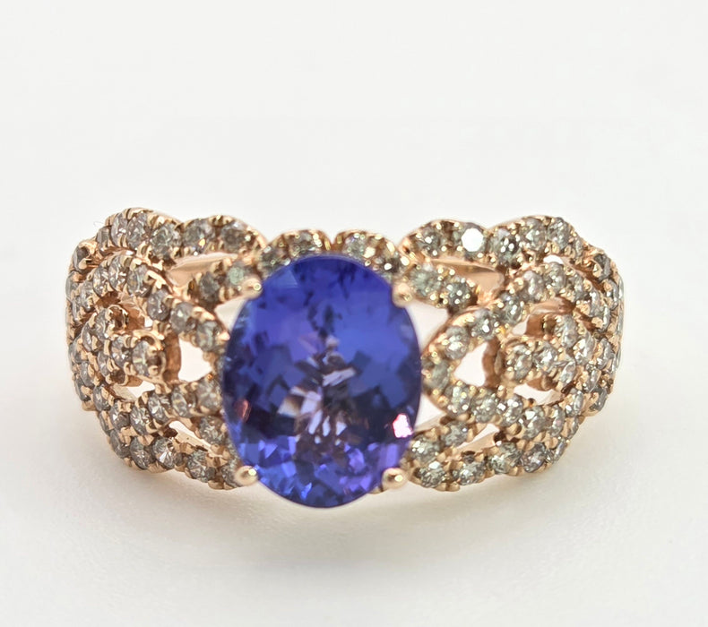 2344: Vintage 14ct Gold Large Vibrant Blue Tanzanite Pave Diamonds Openwork Dress Ring- Exceptional