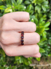 Load image into Gallery viewer, 8293: Vintage: 9ct Gold Vibrant Red Round Cut Garnets Stacker/ Dress Ring- lovely symmetry
