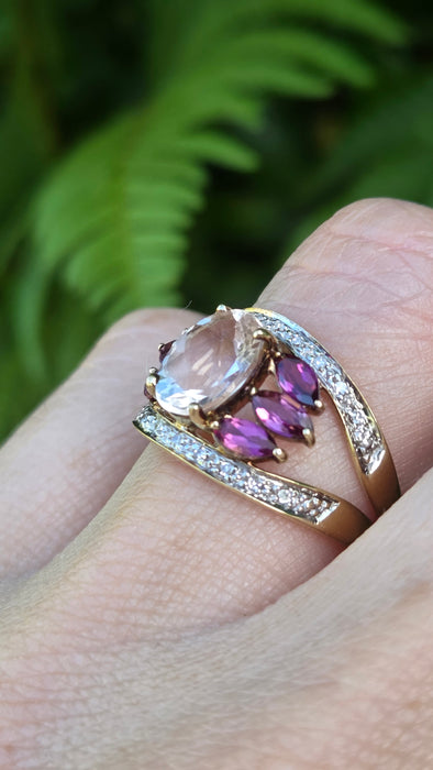Vintage: 9ct Yellow Gold Morganite, Amethyst & Diamond Cocktail Ring