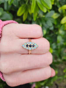 1024: Vintage: 9ct Gold Opals Black Sapphires Navette Set Dress ring- lovely combination