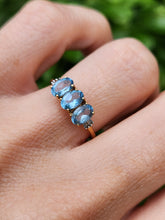 Load image into Gallery viewer, 6127: Vintage: 18ct Gold Blue Aquamarines Baguette Cut Diamonds Dress Ring- eye candy
