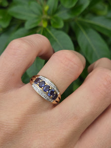 2018: Vintage: 9ct Gold Violet Blue Iolites 14 Diamonds Dress Ring- a beauty