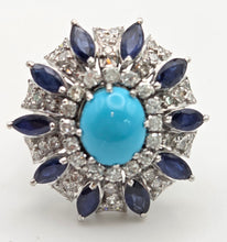 Cargar imagen en el visor de la galería, 2269: Vintage: 14ct White Gold Turquoise, Blue Sapphires, 56 Diamonds Statement Cluster Ring
