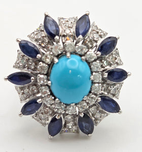 2269: Vintage: 14ct White Gold Turquoise, Blue Sapphires, 56 Diamonds Statement Cluster Ring
