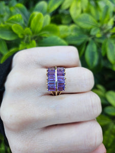 0358: Vintage: Rare 9ct Gold 10 Emerald Cut Amethysts Cocktail Ring - statement, nice weight