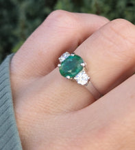 Load image into Gallery viewer, 2299 Vintage: Platinum Emerald (1.19ct) Diamonds (0.30ct) 3-Stone Ring
