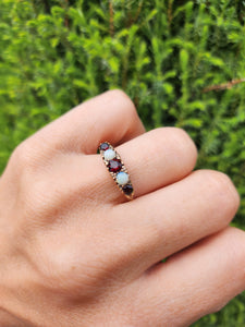1623: Vintage: 9ct Gold Opals & Garnets Dress/Stacker Ring- From 1963, very pretty.