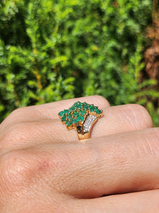 1789: Vintage: 9ct Gold Emeralds Diamonds Cocktail Ring- Thrilling