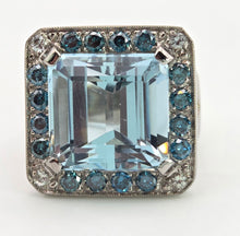 Load image into Gallery viewer, VINTAGE; 14ct White Gold Large Emerald Cut Aquamarine (13.9ct) , Blue Diamonds Statement Cocktail Ring

