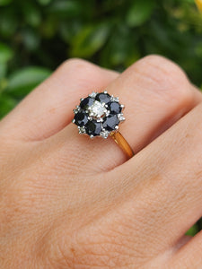 1966: Vintage; 18ct Gold Australian Blue Sapphires Natural Diamonds Flower Head Ring- voluptuous style