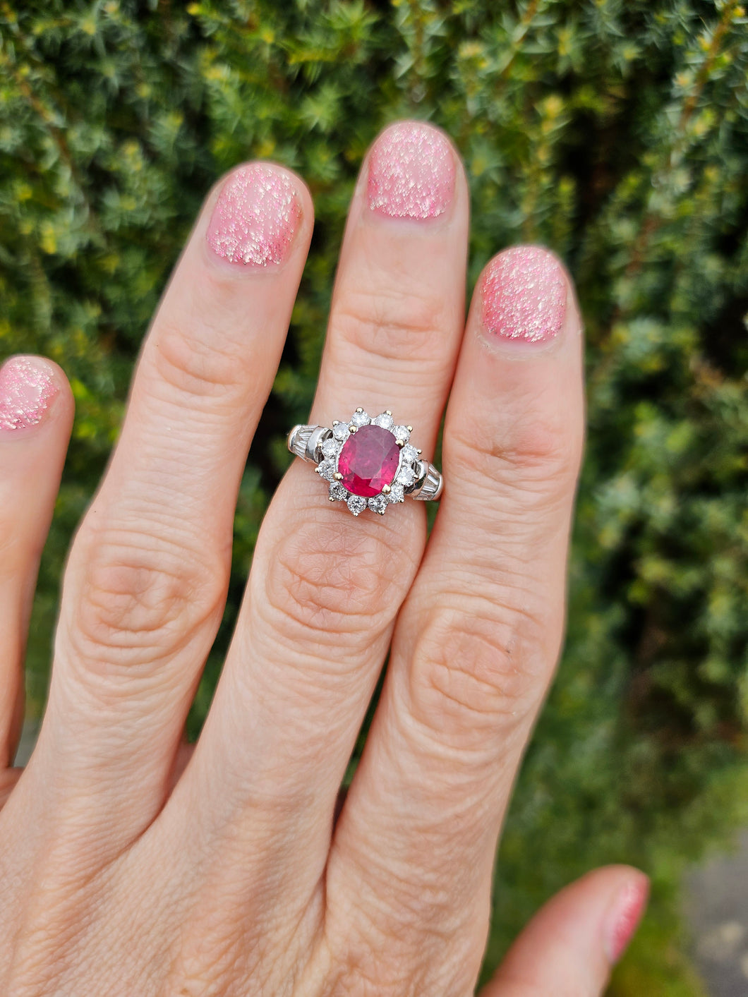 1383: Vintage; 18ct White Gold Ruby (1.1ct) Diamonds (0.73ct) Ring- exquisite eye candy