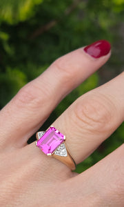 2500 Vintage: 14ct Gold Emerald Cut Pink Sapphire Natural Diamonds Ring