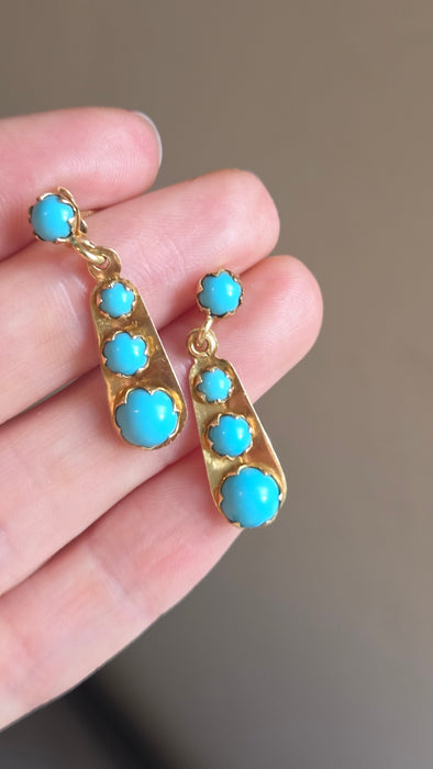 6382 Antique: 18ct Yellow Gold Graduating Turquoise Drop Earrings