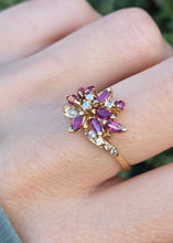 Cargar imagen en el visor de la galería, 2453 Vintage: 14ct Gold Rubies Diamonds Floral Cluster Ring- From 1972
