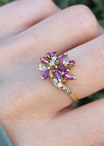 2453 Vintage: 14ct Gold Rubies Diamonds Floral Cluster Ring- From 1972
