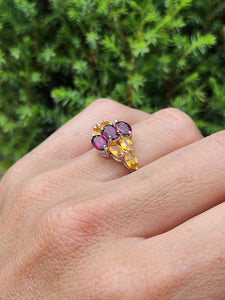 6101: Vintage: 9ct Gold Yellow Sapphires Vivid Purple Tourmalines Cocktail Ring