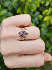 1265: Vintage: 9ct Gold Marquise Cut Blue Iolites Cocktail Ring- captivating design