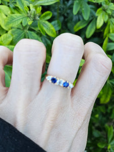 0862: Vintage; 18ct Gold French Blue Sapphires Round Cut Diamonds Half-Eternity/Stacker Ring-