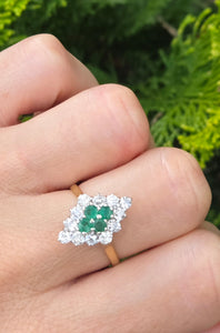 2318: Vintage: 18ct Gold Emeralds Diamonds Marquise Set Art Deco Style Ring- From 1977