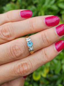 6099:  Vintage: 18ct Gold Blue Aquamarine Twin Diamonds Dress Ring- From 1973