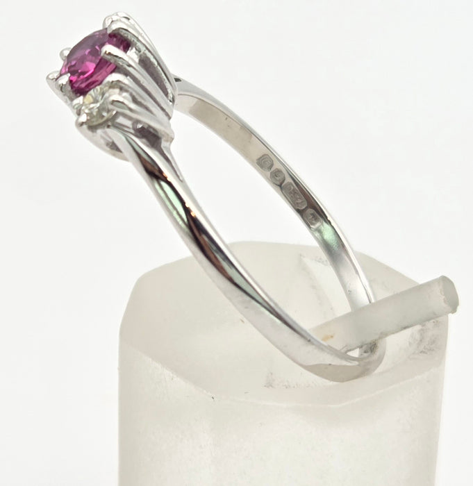 2357: Vintage; 18ct White Gold Ruby Round Full Cut Diamonds 3- Stone Straight Ring- From 1978