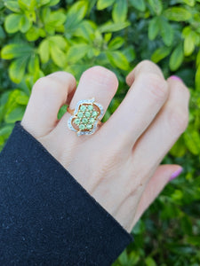 0941: Vintage; 14ct Gold demantoid Garnets Diamonds Cocktail Cluster Ring- splendid