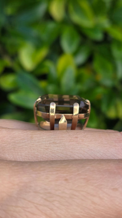 6476  Vintage: large 9ct Gold Square Cu Smokey Quartz Statement Ring