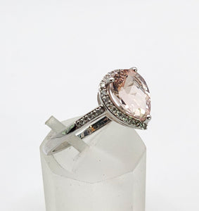 1700: Vintage: 9ct White Gold Pink Morganite 26 Diamonds Dress Ring- petite, sparkling, pink