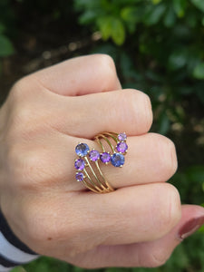 2053: Vintage: 9ct Gold Iolite Amethysts Abstract Cocktail Ring- Inspirationl