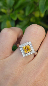 Vintage: 18ct White Gold Yellow Sapphires Diamonds Geometric Set Ring