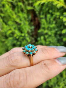 1568: Vintage: Old 9ct Yellow Gold 19 Turquoises Floral Cluster Ring- exquisite