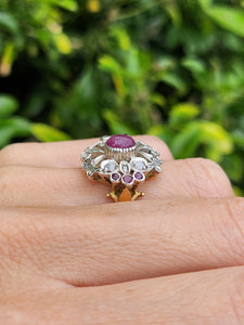 6172: Antique: 18ct Gold 7 Rubies 10 Diamonds Statement Cluster Ring- Extraordinary