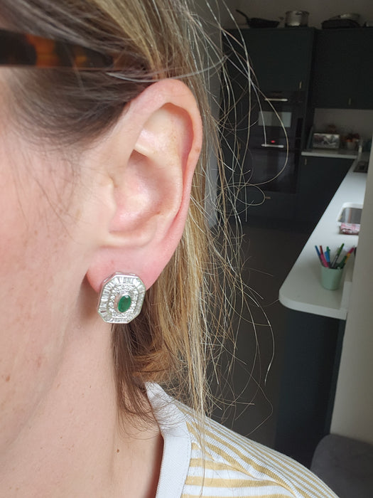6097: Vintage: 18ct White Gold Art Deco Style Emeralds Diamonds Earrings- Thrilling