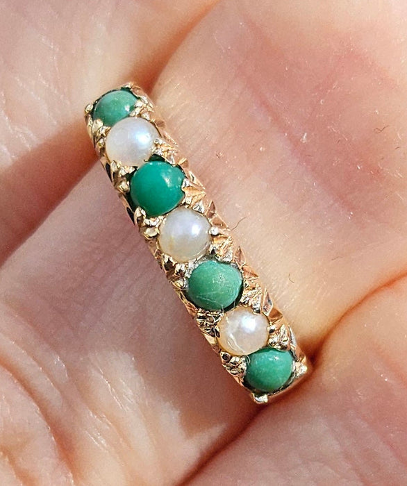 6486 Vintage: 14ct Yellow Gold Turquoise & Seed Pearl Half-Eternity Ring