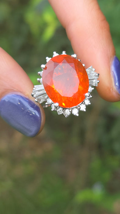 Vintage: 14ct White Gold Fire Opal 7.42ct & Diamond 1.44ct Dress Ring