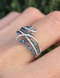 1795 14ct White Gold Blue & White Natural Diamonds Crossover Ring