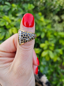 1298::Vintage: Dramatic 9ct Gold 38 Black 7 White Diamonds Statement Ring- enchanting design