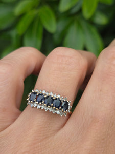 2125: Vintage: 9ct Gold 5 Australian Blue Sapphires 26 Diamonds Dress Ring