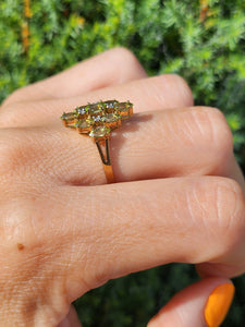 6156: Vintage: 9ct Gold Peridots Diamonds Cocktail Cluster Ring - geometric beauty