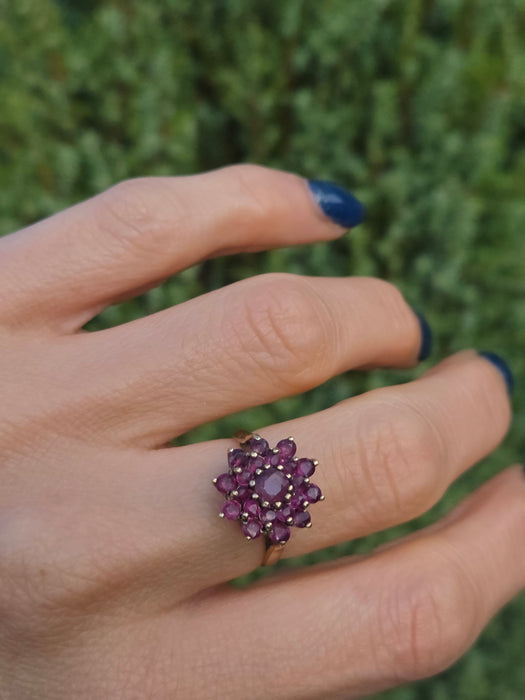 6438: Vintage; 9ct Gold 21 Rubies Flower Head Cocktail Ring- From 1979
