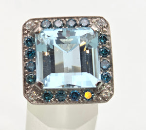 VINTAGE; 14ct White Gold Large Emerald Cut Aquamarine (13.9ct) , Blue Diamonds Statement Cocktail Ring