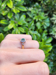 0234: Vintage: Petite 9ct Gold Emerald 12 Diamonds Cluster Ring