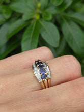 Load image into Gallery viewer, 2018: Vintage: 9ct Gold Violet Blue Iolites 14 Diamonds Dress Ring- a beauty
