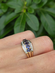 2018: Vintage: 9ct Gold Violet Blue Iolites 14 Diamonds Dress Ring- a beauty