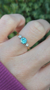 6230 Vintage: 18ct Gold  Platinum Ceylon Blue Zircon Twin Diamonds Dress Ring
