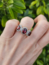 Load image into Gallery viewer, 1317: Vintage: 9ct Gold Garnets Diamonds Trilogy Ring- Statement piece
