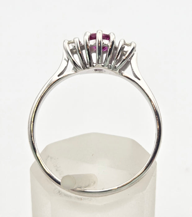2357: Vintage; 18ct White Gold Ruby Round Full Cut Diamonds 3- Stone Straight Ring- From 1978