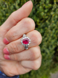 1383: Vintage; 18ct White Gold Ruby (1.1ct) Diamonds (0.73ct) Ring- exquisite eye candy
