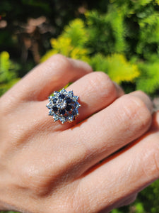 1373: Vintage: 9ct Gold French Blue Sapphires Diamonds Cluster Ring- sparkling beauty